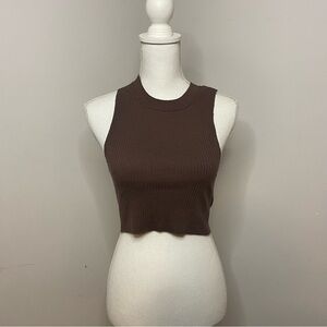 Aerie brown ribbed raw edge crop top